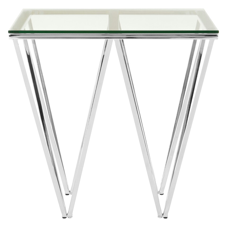 image 1 of Chrome End Table with Triangular Base,Clear Tempered Glass Top Settee Side Table,Metal Design Side Table