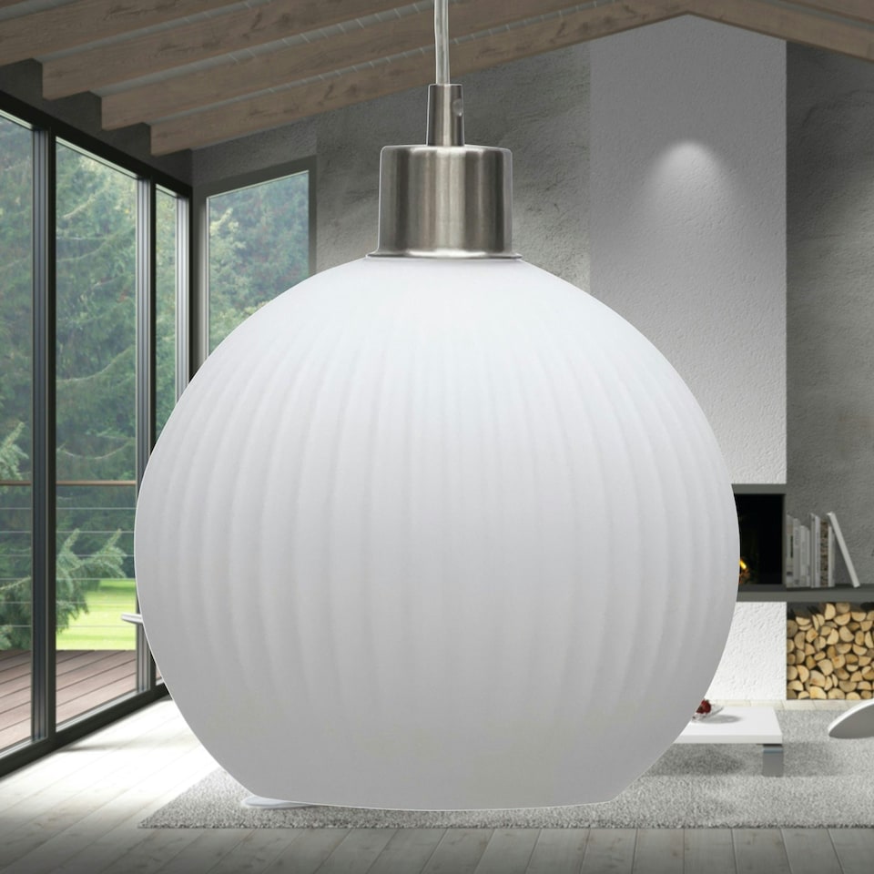 image 1 of First Choice Lighting Betchley White Ribbed Glass Globe with Satin Nickel Pendant Fitting Silver | White