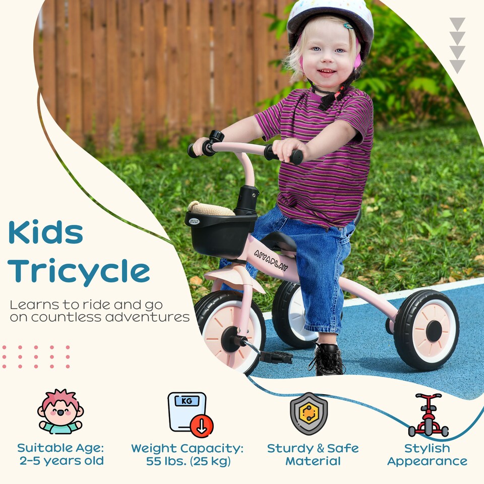 image 1 of AIYAPLAY Trike With Adjustable Seat Basket, Kids Tricycle for 2-5 Years Old, Pink