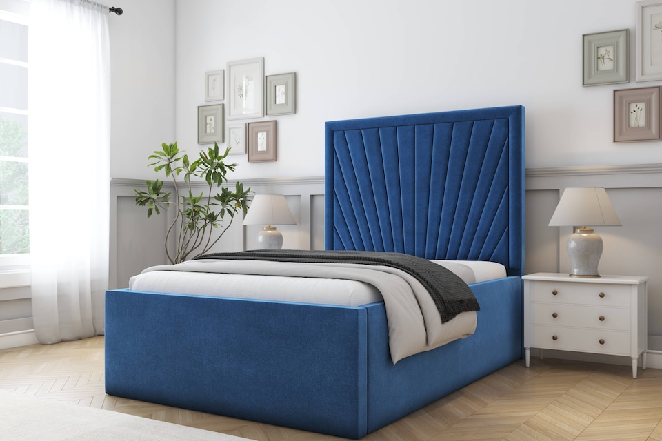 image 1 of Sloomy Somerset Navy Plush Bed Frame With Mattress With 50" Upholstered Headboard 3' Single