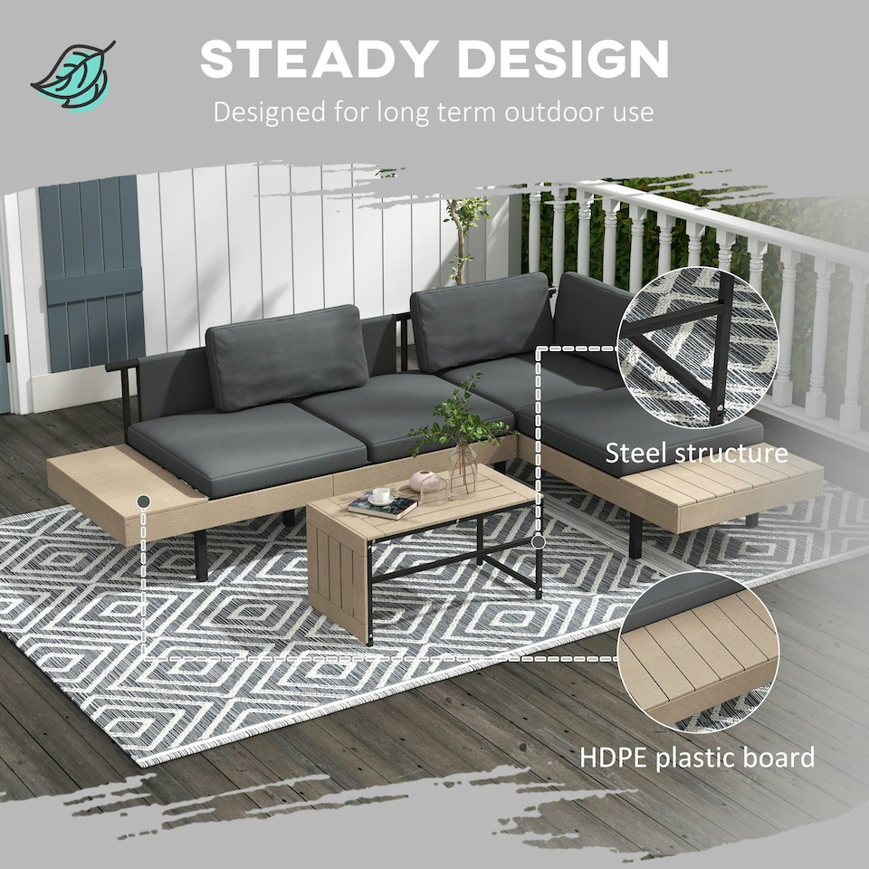 image 1 of Outsunny HDPE Garden Furniture Sets with Cushions,Table, L-Shaped Sofa