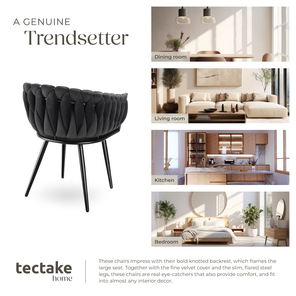 image 1 of Dining Chair Astano - padded, velvet, knot design, continuous backrest | Black | black | 4