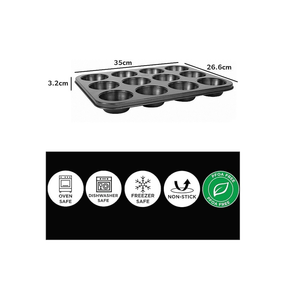 image 1 of Hairy Bikers 12 Cup Muffin Tray Pan Non-Stick Oven Bakeware Cupcakes Muffins Black | One Size