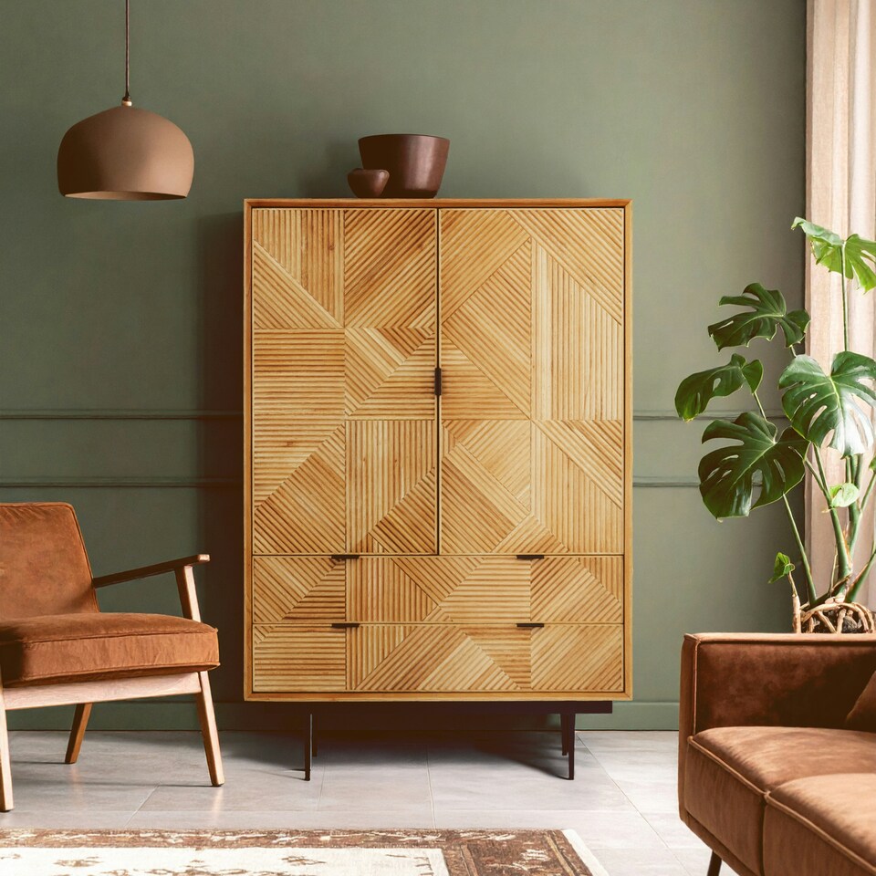 image 1 of Interiors by Premier Natural Wooden Cabinet, Carved Geometric Wood-Effect Front, Rustic Wood Storage Cabinet on Black Metal Legs Brown