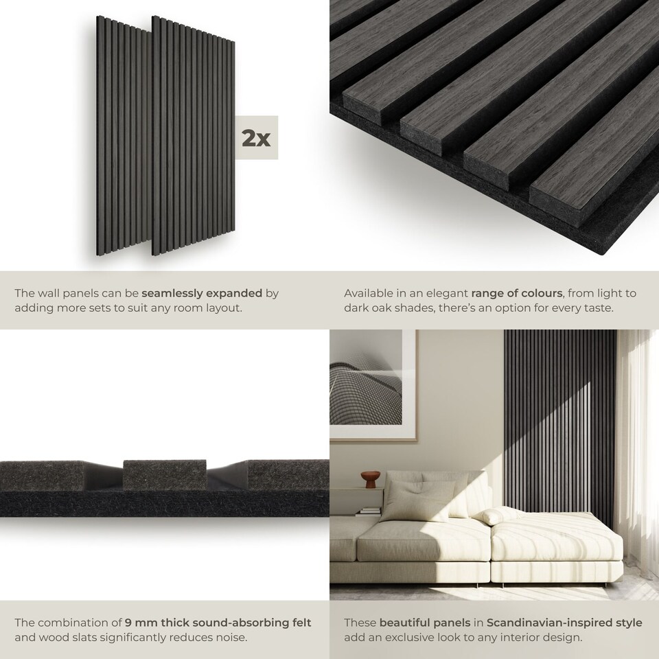 image 1 of Acoustic Wall Panels Sonic Wall II with Real Wood Veneer and Sound-Absorbing Felt | Black | black oak | 110 x 50 x 1.8 cm | 2