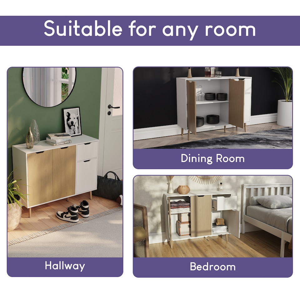 image 1 of Vida Designs 3 Door 1 Drawer Sideboard Buffet Cabinet Storage, White & Oak | White | White & Oak | 1