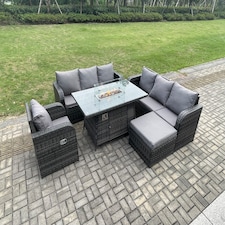 Fimous Rattan Outdoor Furniture Gas Fire Pit Rectangle Dining Table Gas Heater Reclining Chair 3 Seater Sofa Sets with Big Footstool 8 Seater