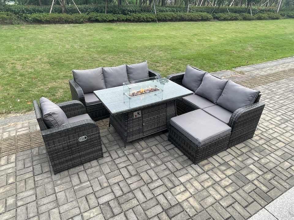image 1 of Fimous Rattan Outdoor Furniture Gas Fire Pit Rectangle Dining Table Gas Heater Reclining Chair 3 Seater Sofa Sets with Big Footstool 8 Seater