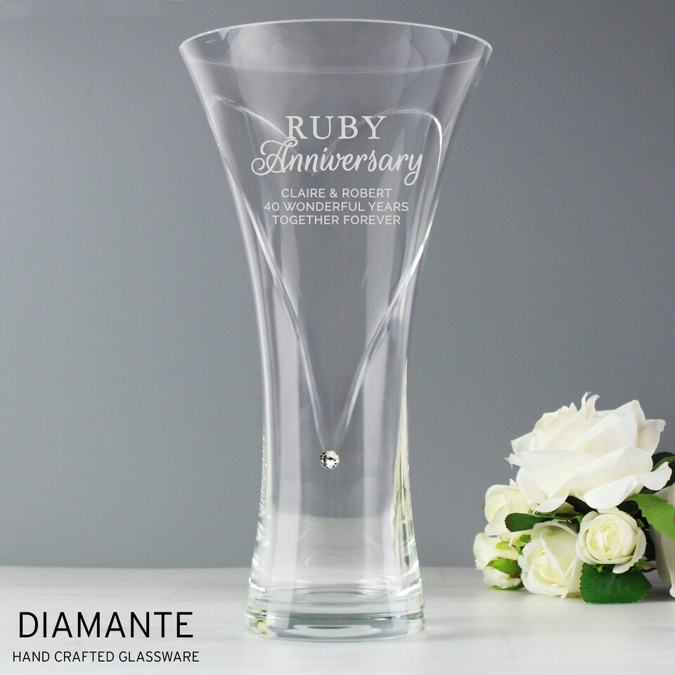 image 1 of Personalised Ruby Anniversary Large Hand Cut Diamante Heart Vase Clear