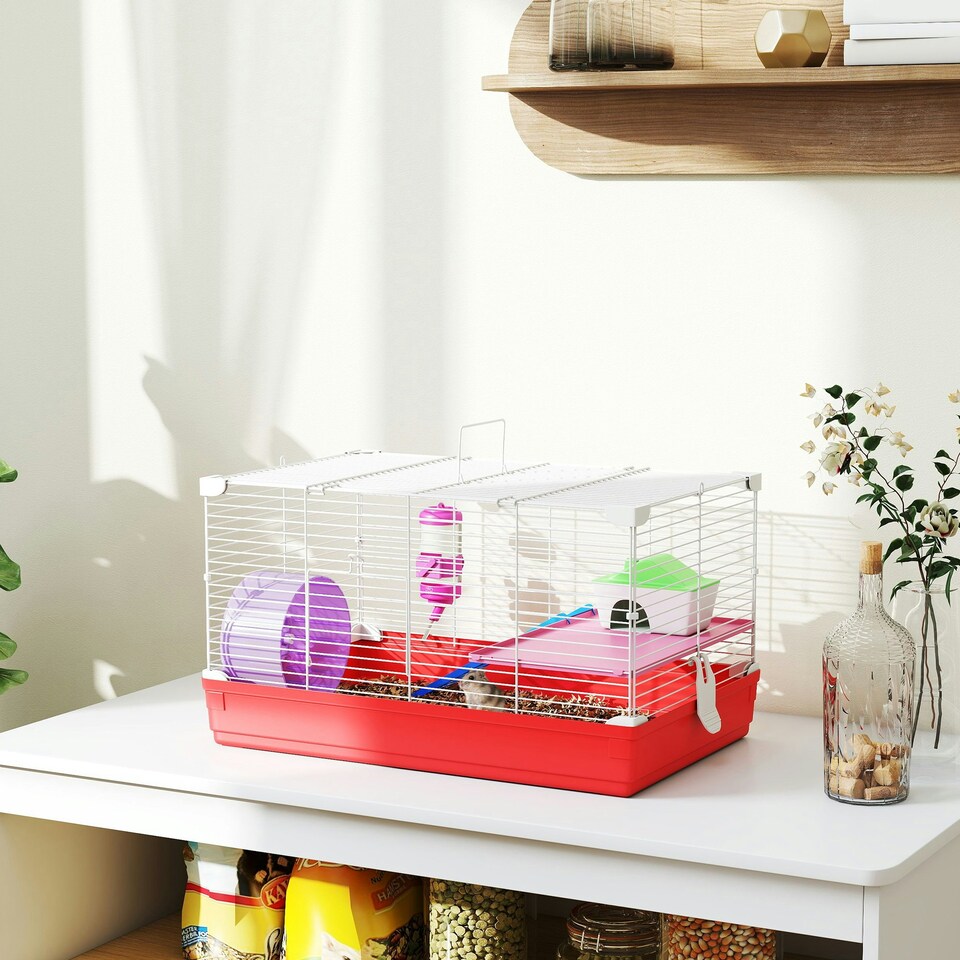image 1 of PawHut Hamster Cage Pet Animal Travel Cage Box Double Layers w/ Accessories