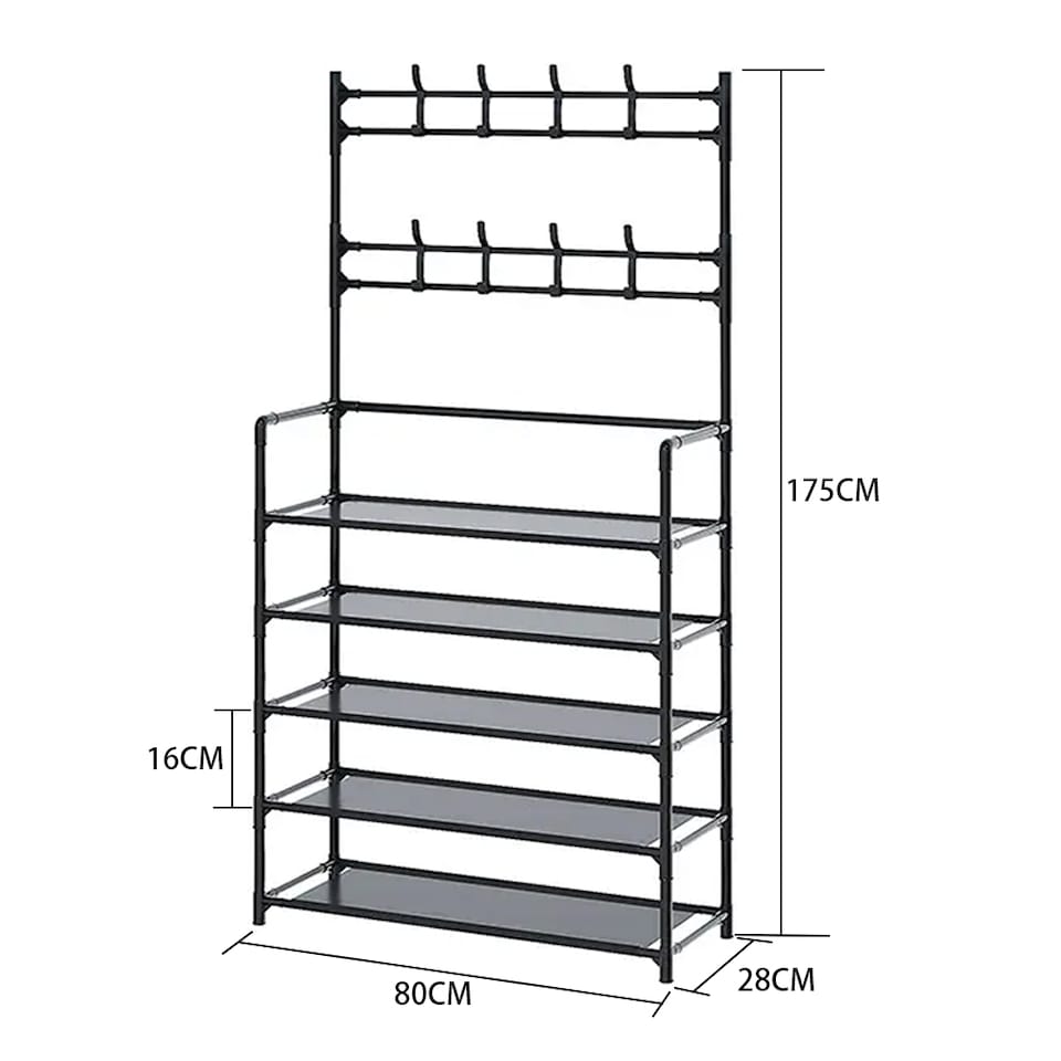 image 1 of Living and Home 5-Tier Freestanding Coat Rack with Shelves - 80x175cm Black