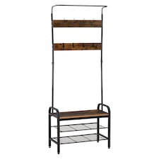 HOMCOM Coat Rack Stand Industrial hallway Shoe Rack Removable Hooks Metal Wood Hangers Storage Cabinet Rustic Brown