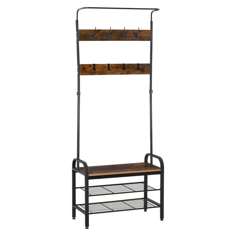 image 1 of HOMCOM Coat Rack Stand Industrial hallway Shoe Rack Removable Hooks Metal Wood Hangers Storage Cabinet Rustic Brown
