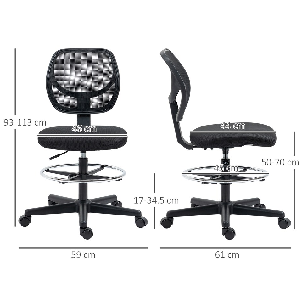 image 1 of Vinsetto Drafting Chair with Adjustable Footrest, Swivel Mesh Office Chair with Curved Back, Adjustable Height for Standing Desk, Black