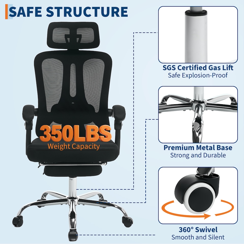 image 1 of Mesh Office Desk Chair with Adjustable Headrest Lumbar Support & Retractable Footrest - Beige, Cushion Included