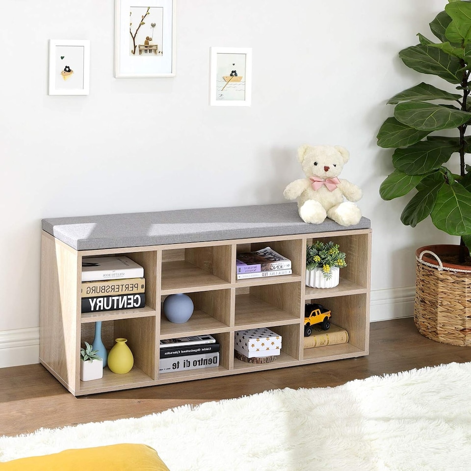 image 1 of 10-Compartment Shoe Storage Bench Cabinet with Cushion Seat, Oak Colour