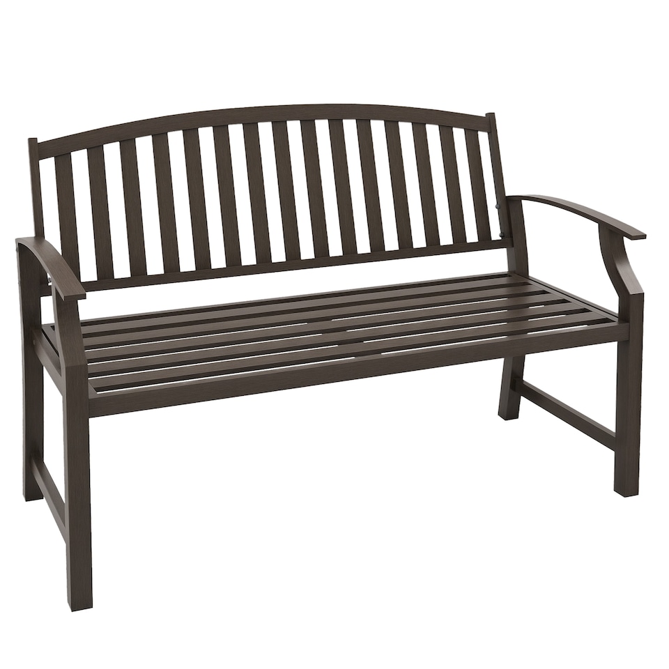 image 1 of Outsunny Garden Bench, Outdoor Metal Bench with Slatted Seat and Backrest, Curved Armrest, for Conservatory, Garden, Poolside, Deck, Brown