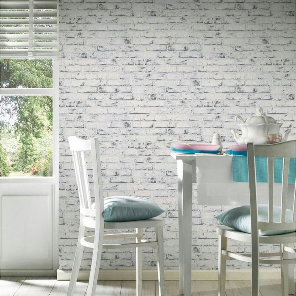 image 1 of AS Creation New England Rustic Brick Textured Wallpaper - White - One Size White