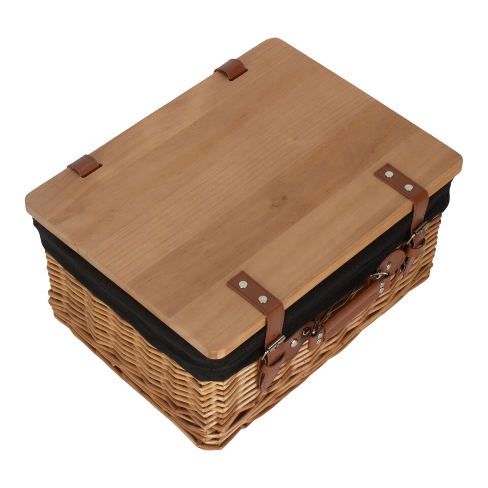 image 1 of 41cm Double Steamed Black Lined Willow Empty Picnic Basket with Pinewood Lid | Brown | Brown | M | 1