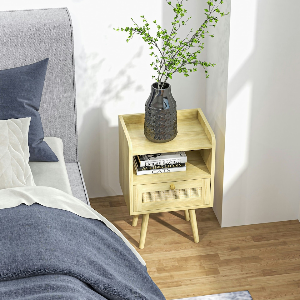 image 1 of Bedside Tables, Set of 2, Boho Side End Table w/ Drawer, Storage Compartment