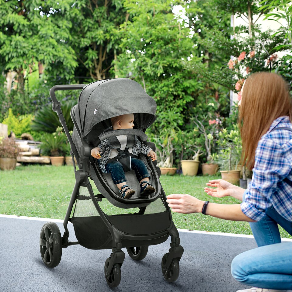 image 1 of HOMCOM 2 in 1 Pushchair Stroller w Reversible Seat Single Hand Foldable Grey