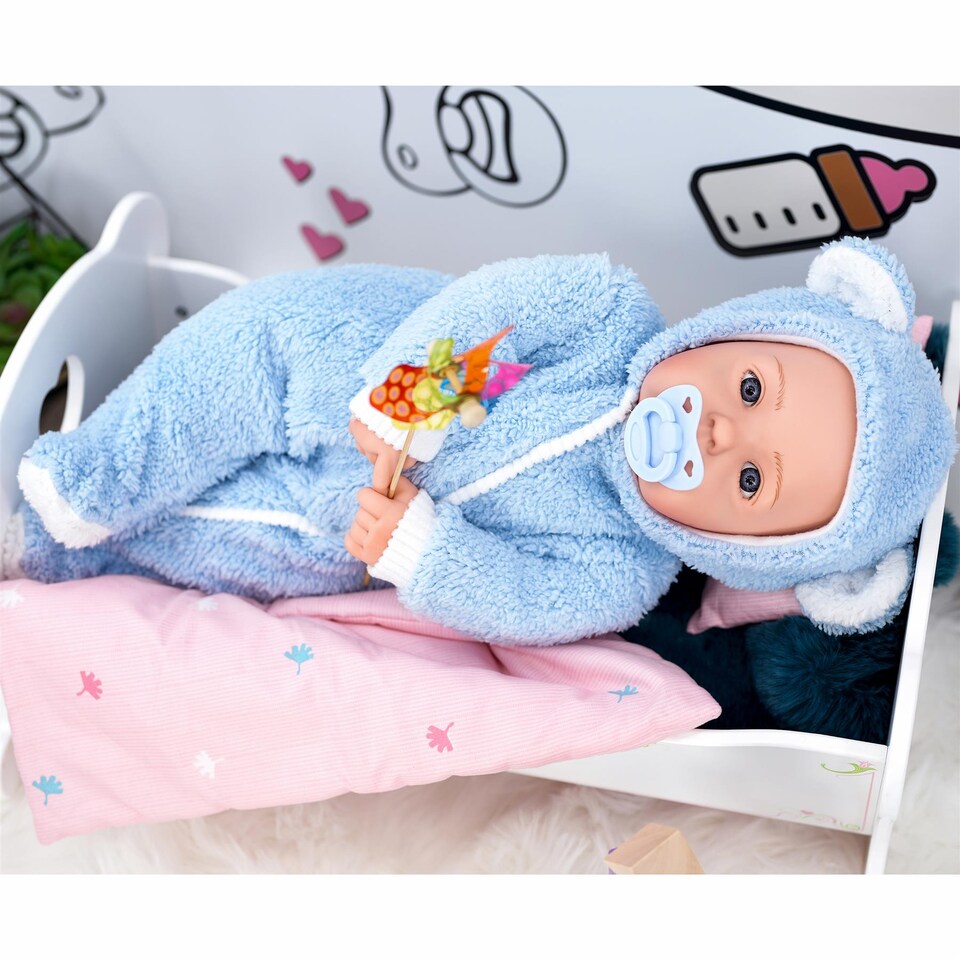 image 1 of BiBi Doll 20" Navy Baby Doll Boy with Grey Jacket, Extra Outfit, Sounds & Dummy Toy
