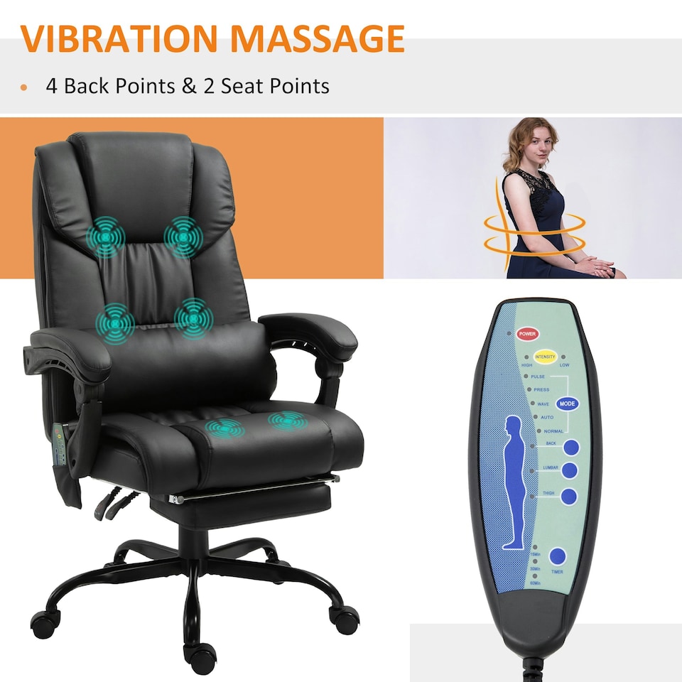 image 1 of Vinsetto PU Massage Office Chair Height Adjustable Computer Chair Black