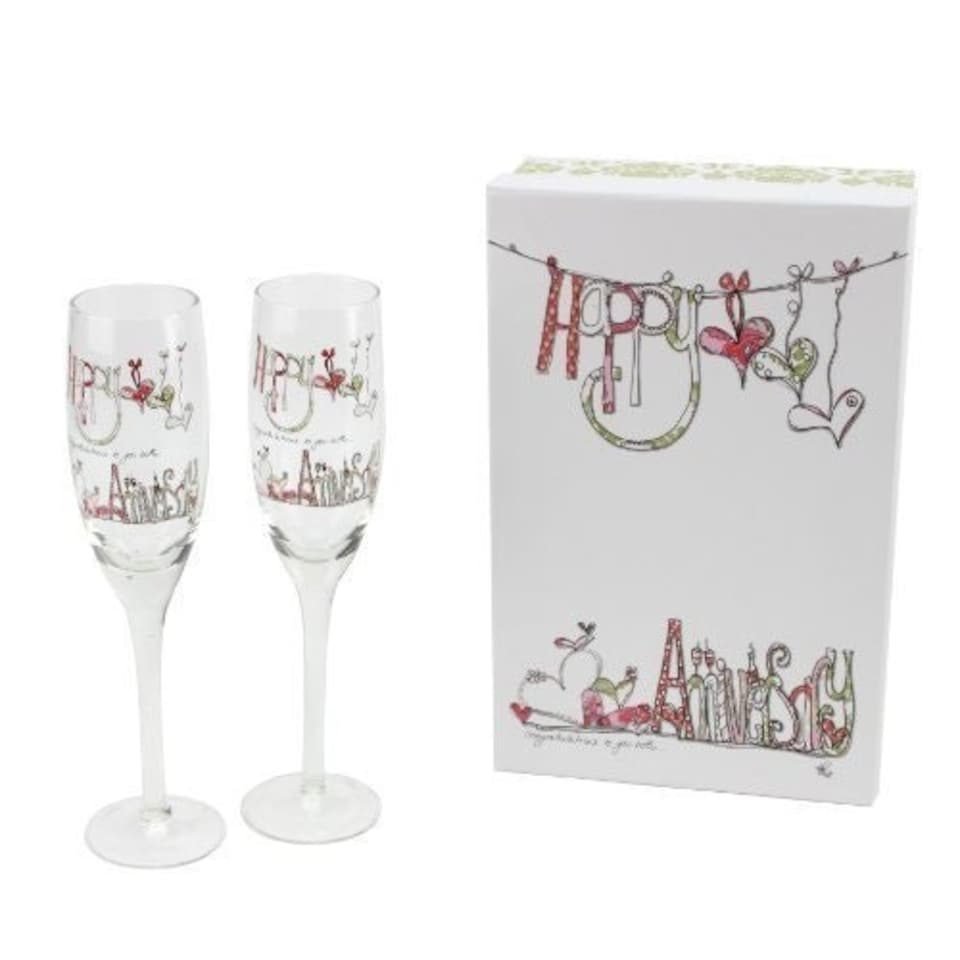 image 1 of Tracey Russell Happy Anniversary Pair of Wedding Champagne Flutes Glasses in Gift Box