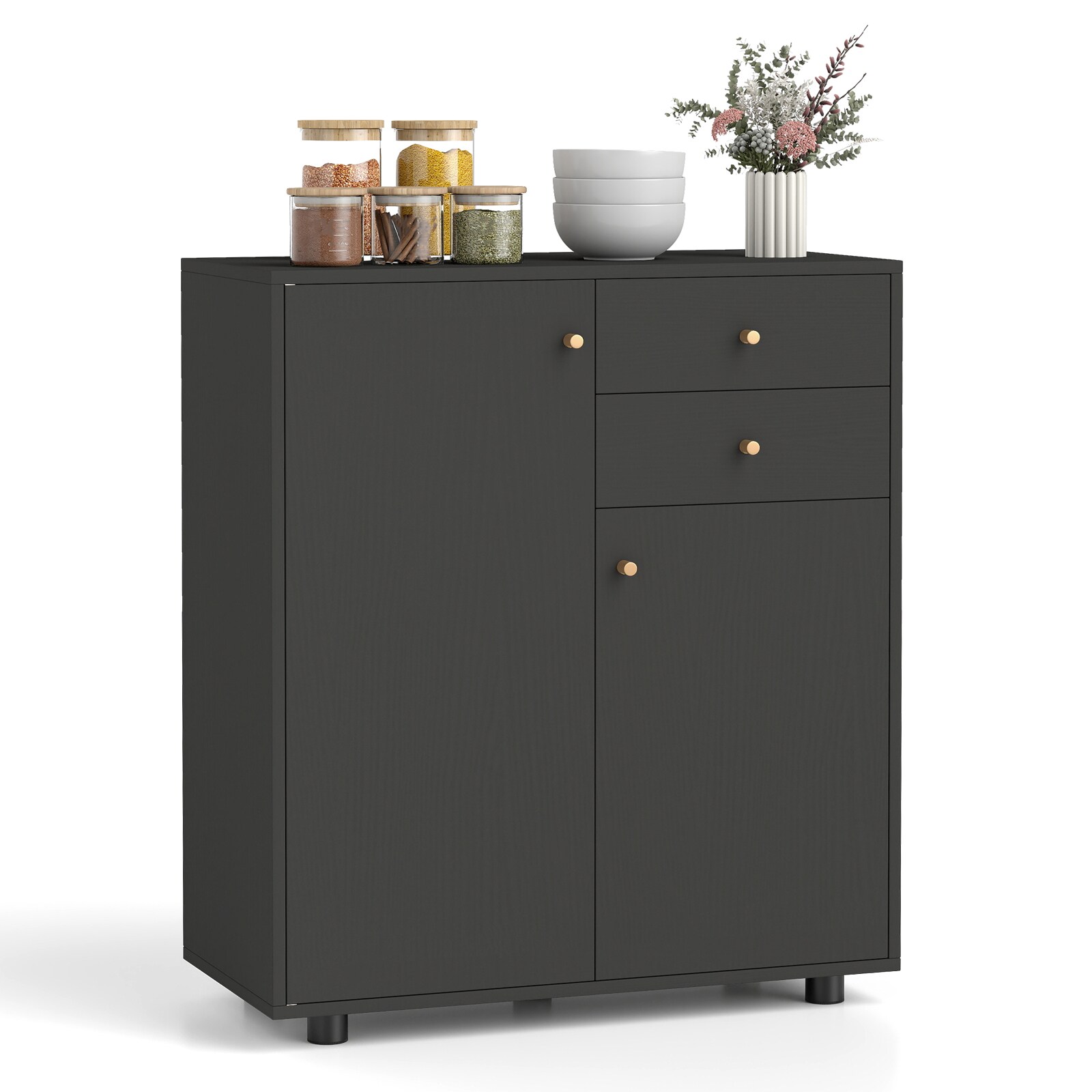ChooChoo Farmhouse Coffee Bar Cabinet With LED Lights - White Kitchen Buffet With Glass Doors