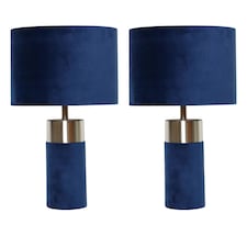 Set of 2 Navy Blue Velour Velvet Table Lamps | Blue | Chrome | Large | 2