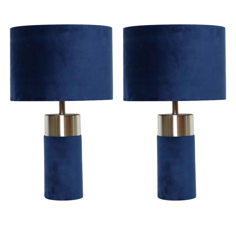 image 1 of Set of 2 Navy Blue Velour Velvet Table Lamps | Blue | Chrome | Large | 2