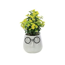 Primrose Artificial House Plant in White Pot with Black Glasses Design 17cm