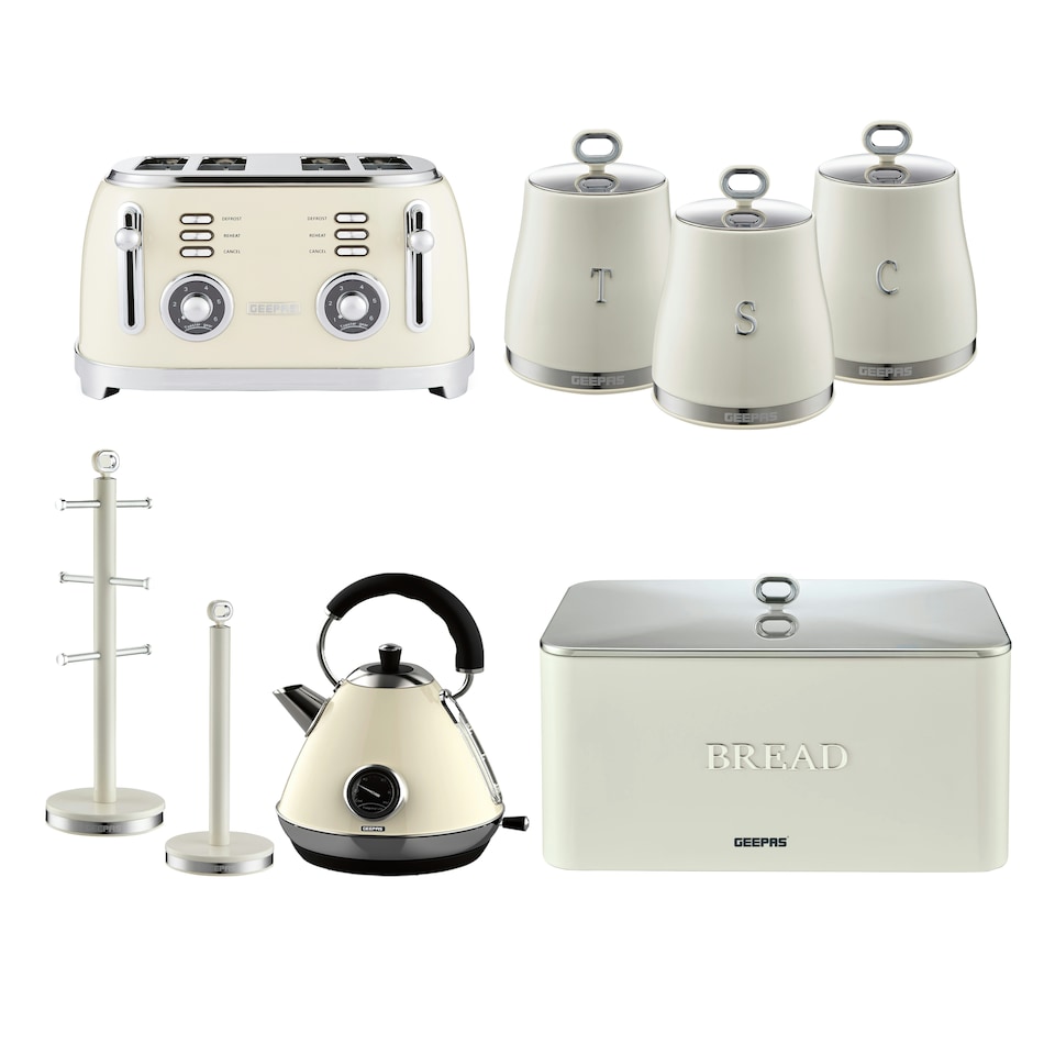 GEEPAS Pyramid Kettle, 4 Slice Bread Toaster, Set of 3 Tea Coffee Sugar Canister, Bread Bin, Mug Tree & Towel Pole Set