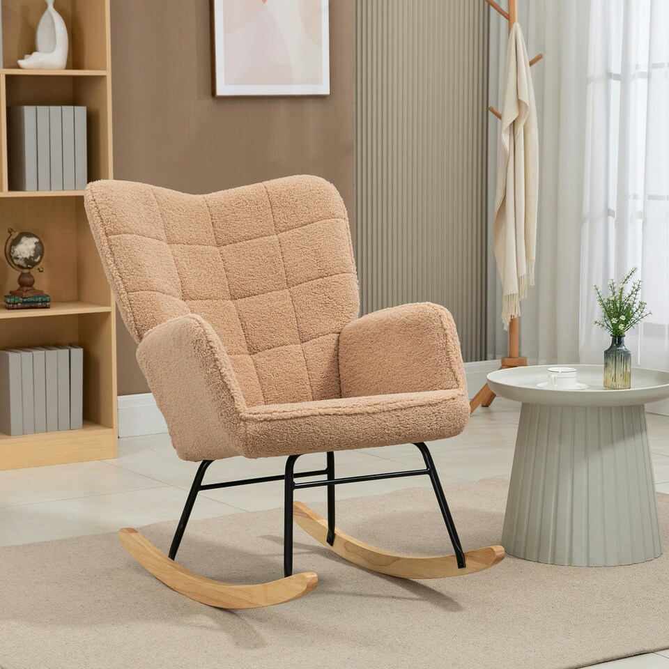image 1 of HOMCOM Wingback Rocking Chair for Nursing w/ Steel Frame Light Brown