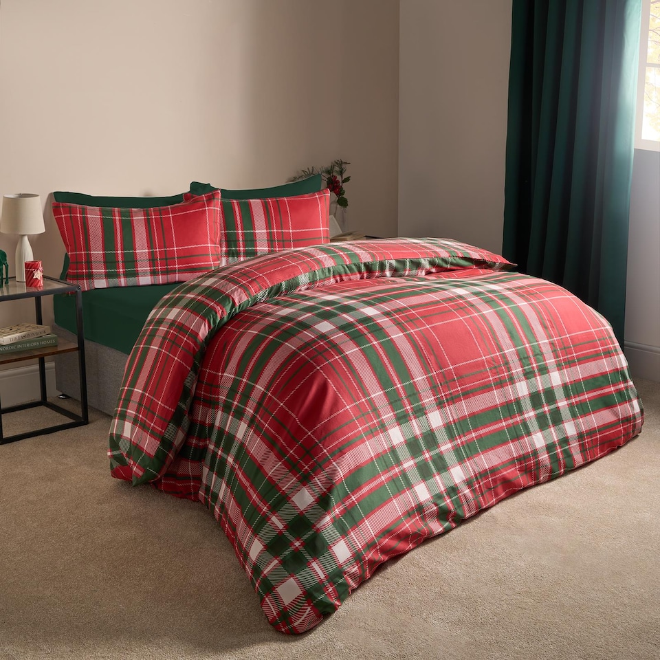 image 1 of OHS Traditional Christmas Check Soft Microfibre Duvet Cover and Pillowcase Set | Red | King