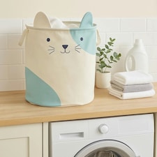 Interiors by Premier Cat Face Laundry Bag, Cute And Practical Fabric Hamper With Drawstring Closure And Carry Handles, White