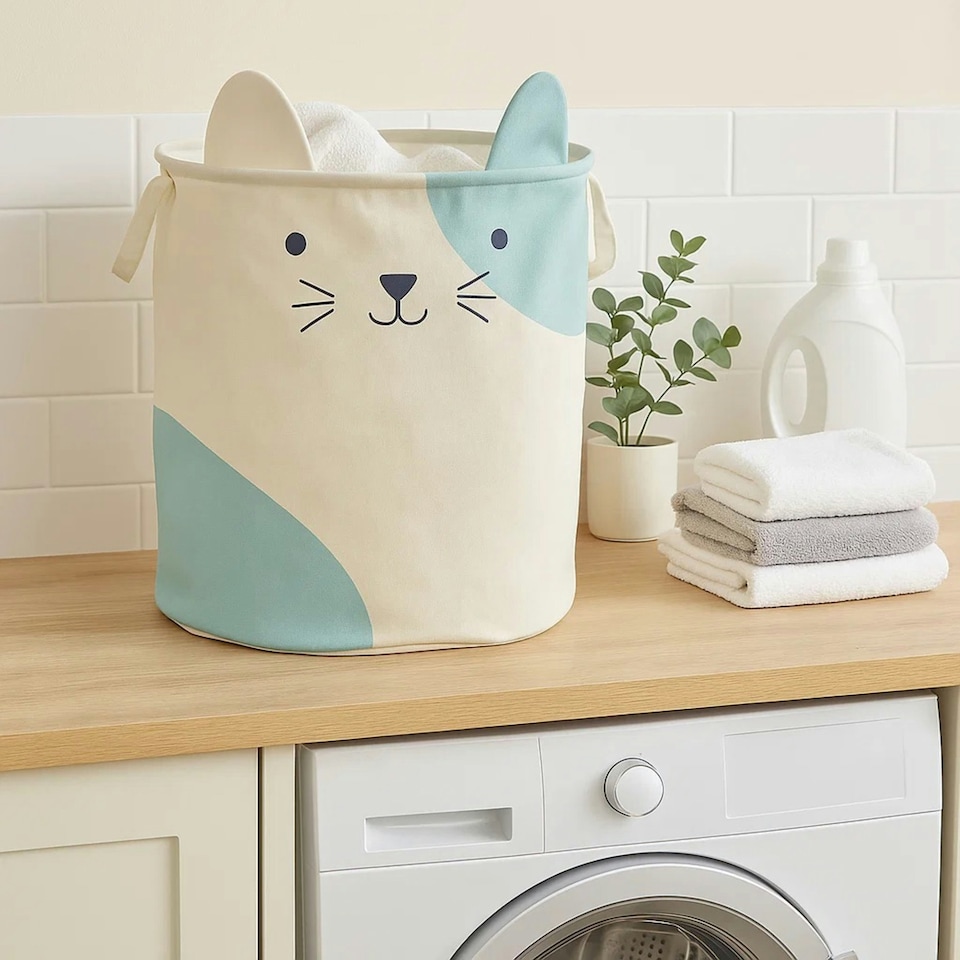 image 1 of Interiors by Premier Cat Face Laundry Bag, Cute And Practical Fabric Hamper With Drawstring Closure And Carry Handles, White