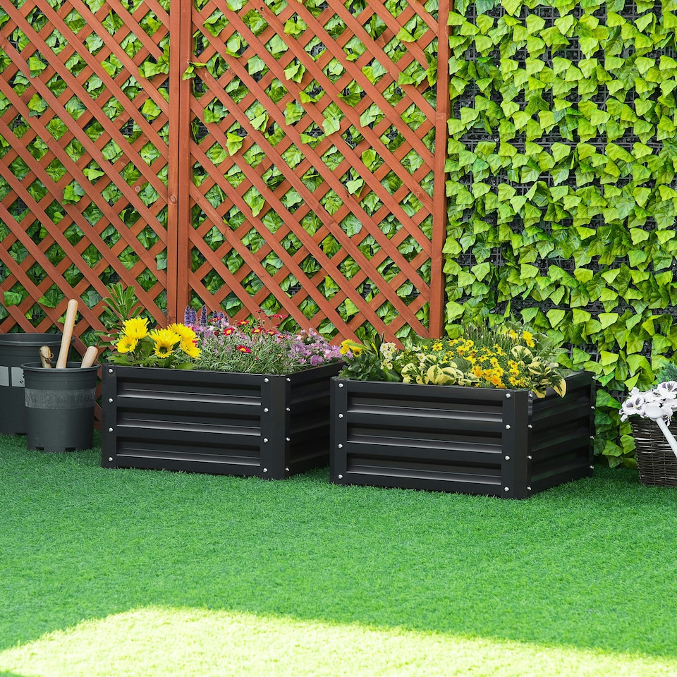image 1 of Outsunny Set of 2 Raised Garden Bed Galvanised Planter Box Easy Setup Dark Grey