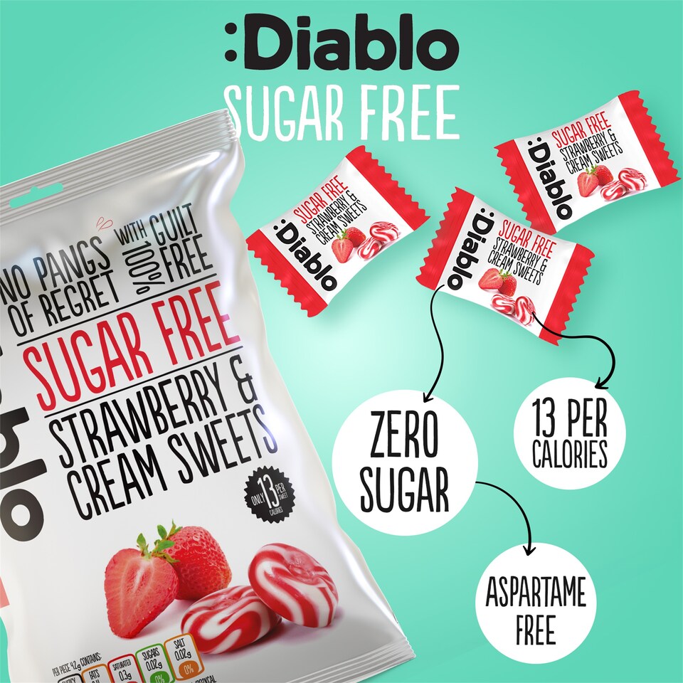 image 1 of Diablo Sugar Free Strawberry and Cream Sweets 75g 3 Pack