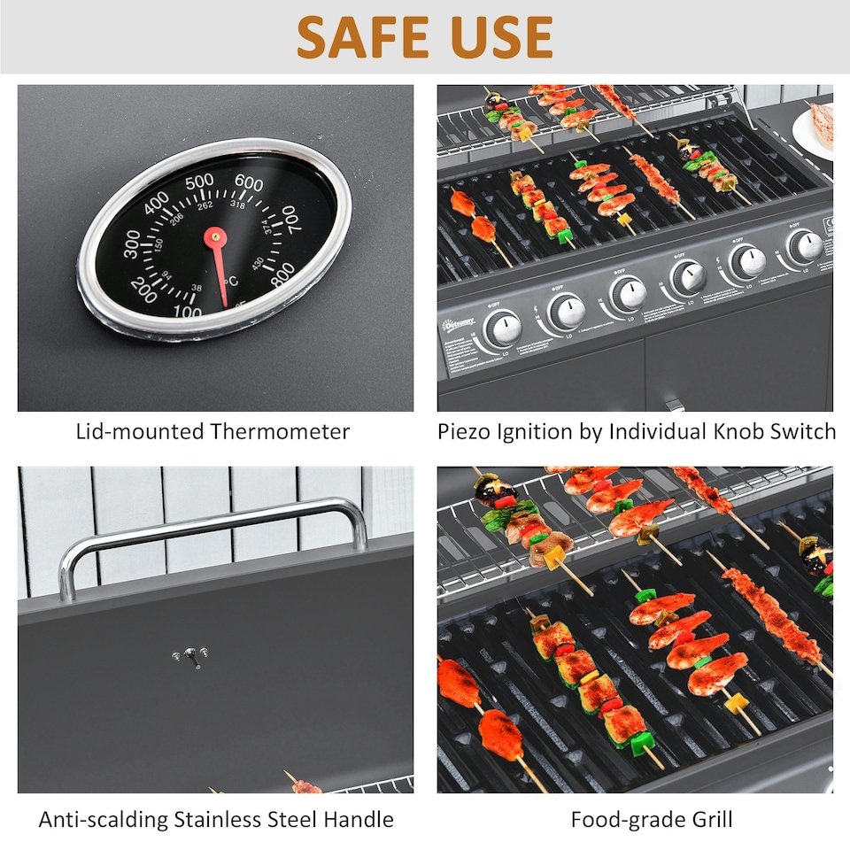 image 1 of Outsunny 6+1 Burner Gas BBQ Grill Garden Barbecue with Wheels, Cabinet Grey