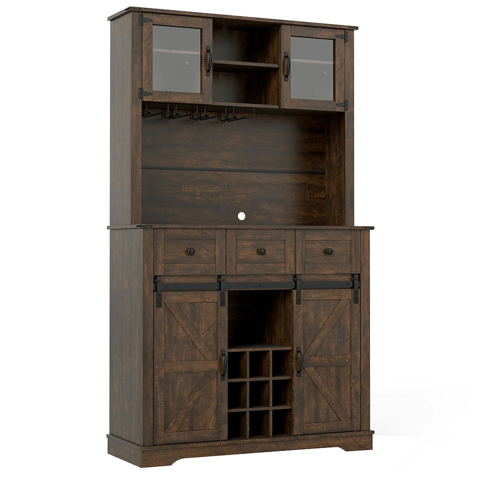 image 1 of COSTWAY 184cm Tall Kitchen Cupboard Buffet Storage Cabinet Brown