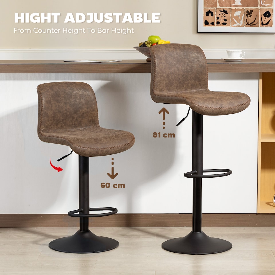 image 1 of HOMCOM Bar Stools Set of 2, Height Adjustable Barstools with Backrest and Footrest, PU Leather Upholstered Dining Stools for Kitchen, Counter, Breakfast Bar, Brown