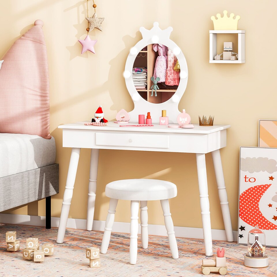 image 1 of COSTWAY Princess Vanity Table & Chair Set Kids Set White