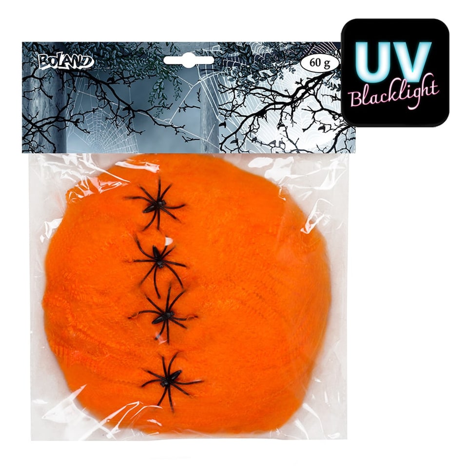 image 1 of Neon Orange UV Blacklight Cobweb with Plastic Spiders Halloween Decoration 60g