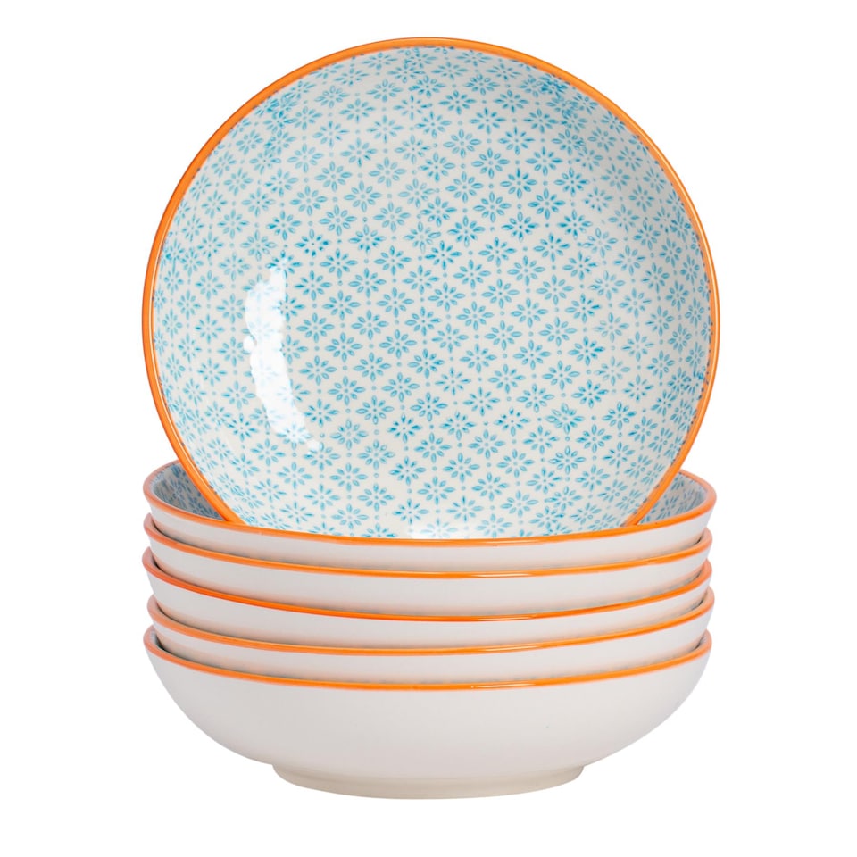 image 1 of Nicola Spring Hand-Printed Pasta Bowls - 22cm - Blue - Pack of 6 | Blue | Blue