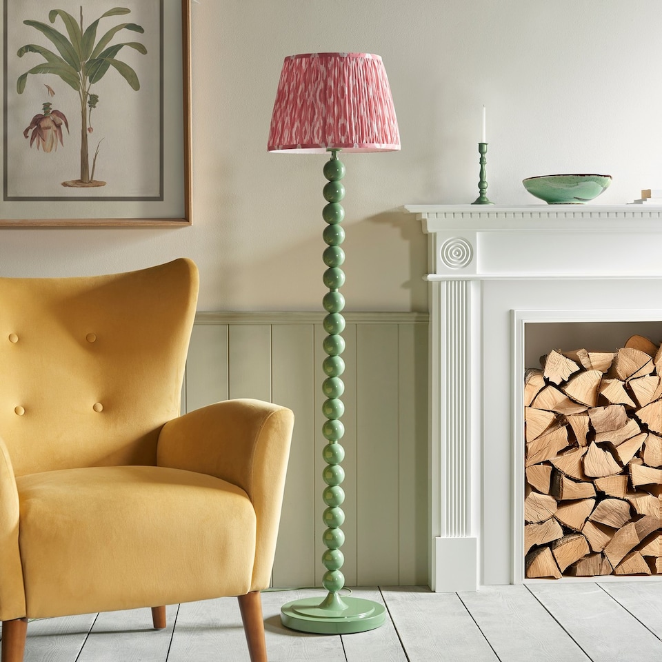 image 1 of Higgledy Gloss Cotswold Green Paint Floor Lamp with Coral Pink Fabric Ikat Shade 35cm E27