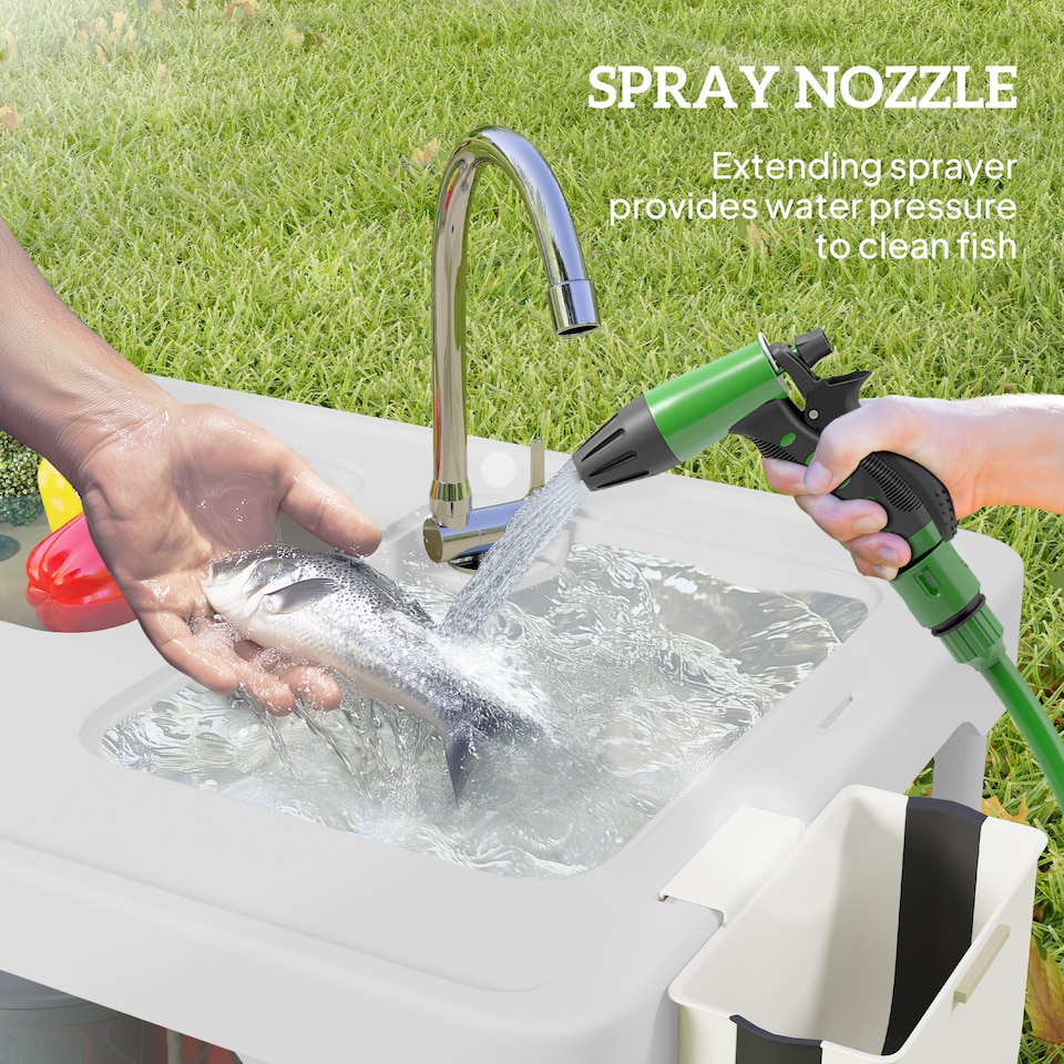 image 1 of Outsunny Folding Fish Cleaning Table Camping Sink Table with Faucet, White | White | White | 108L x 58W x 92H cm
