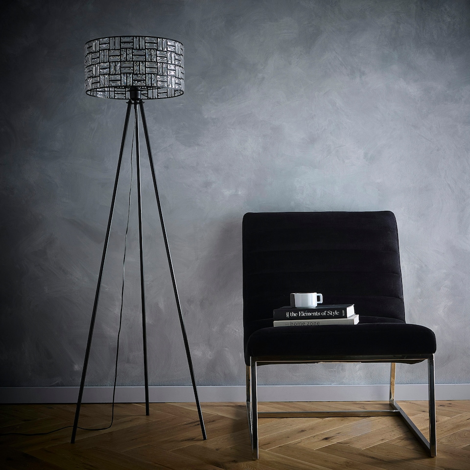 image 1 of Bronx Black Modern Tripod Floor Lamp with Acrylic Glass Drum Shade Black