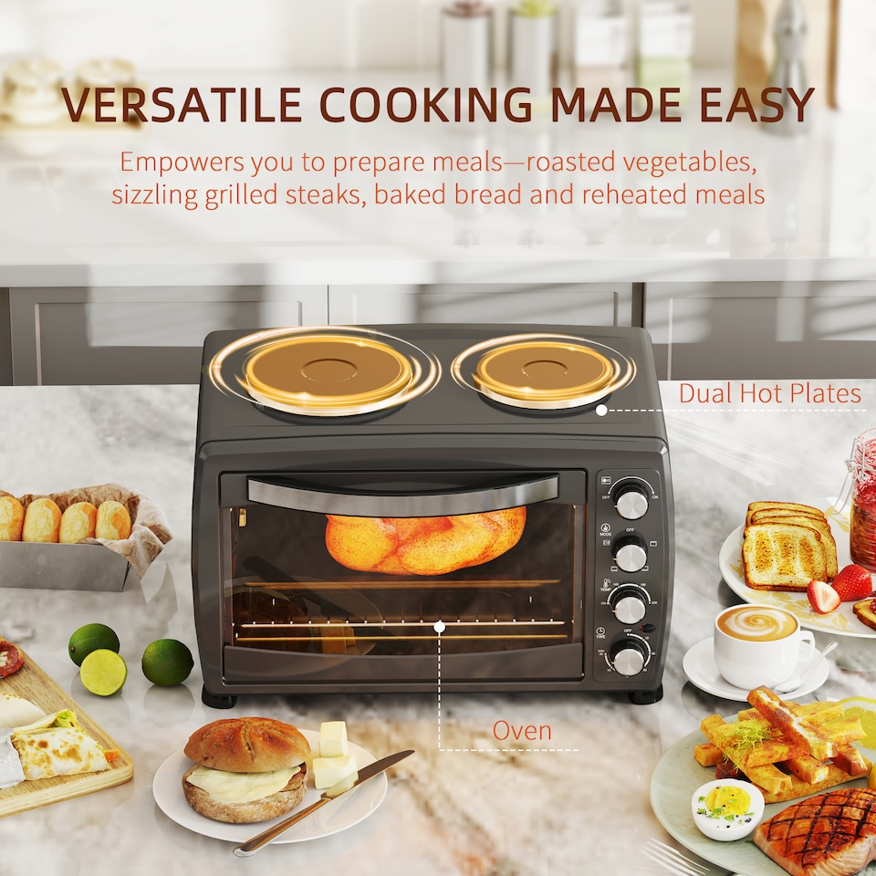 image 1 of HOMCOM 36L Countertop Toaster Oven with 2 Hot Plates, Grill, Roast, Bake