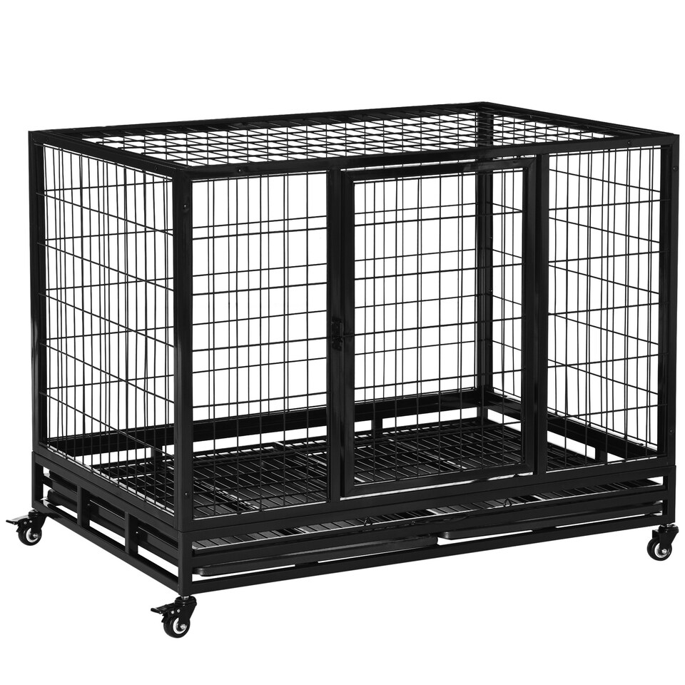 image 1 of PawHut Metal Kennel Cage with Wheels and Crate Tray for Pet Dog Large Black